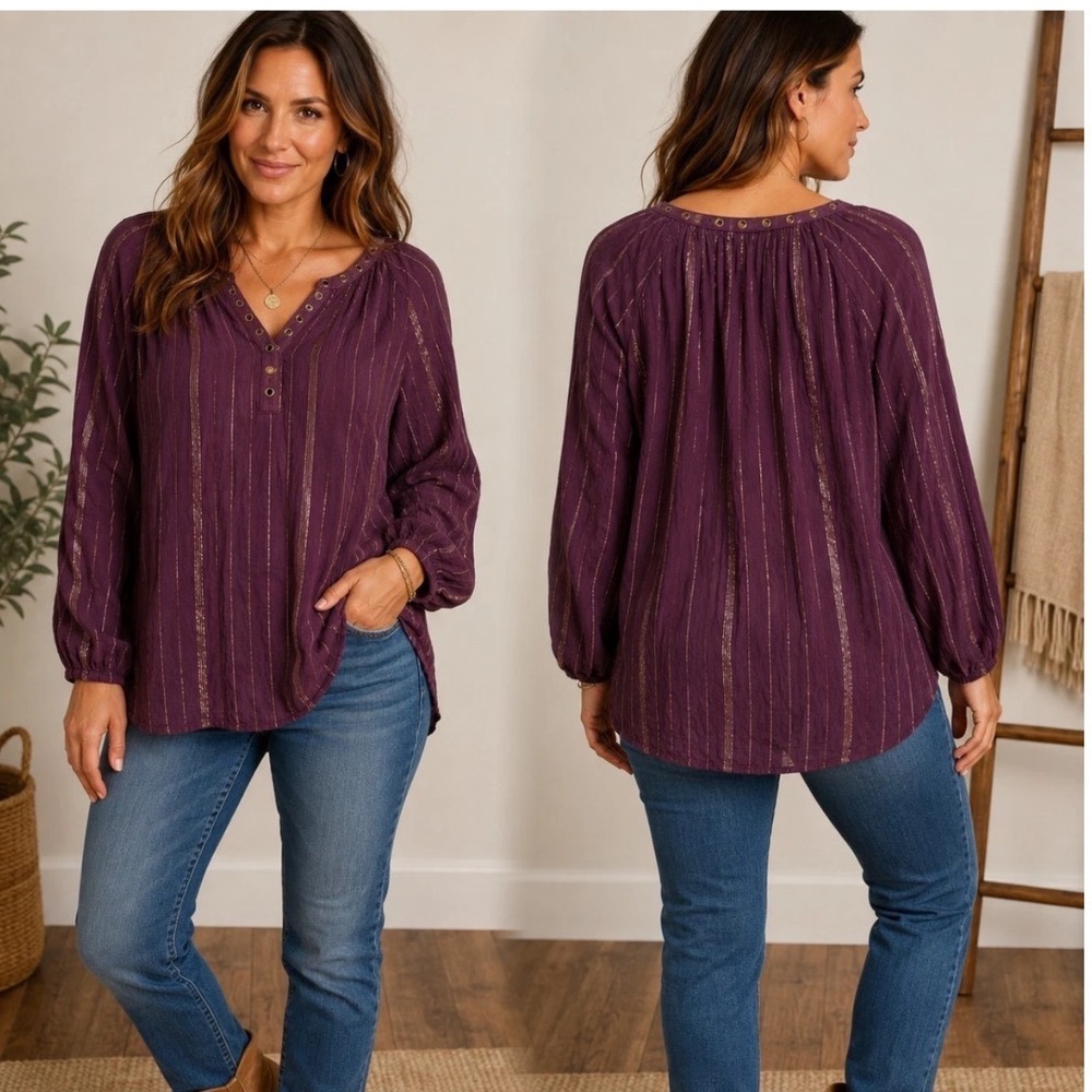 Rock & Republic Womens 2X Purple Gold Metallic‎ Stripe Grommet Peasant Blouse